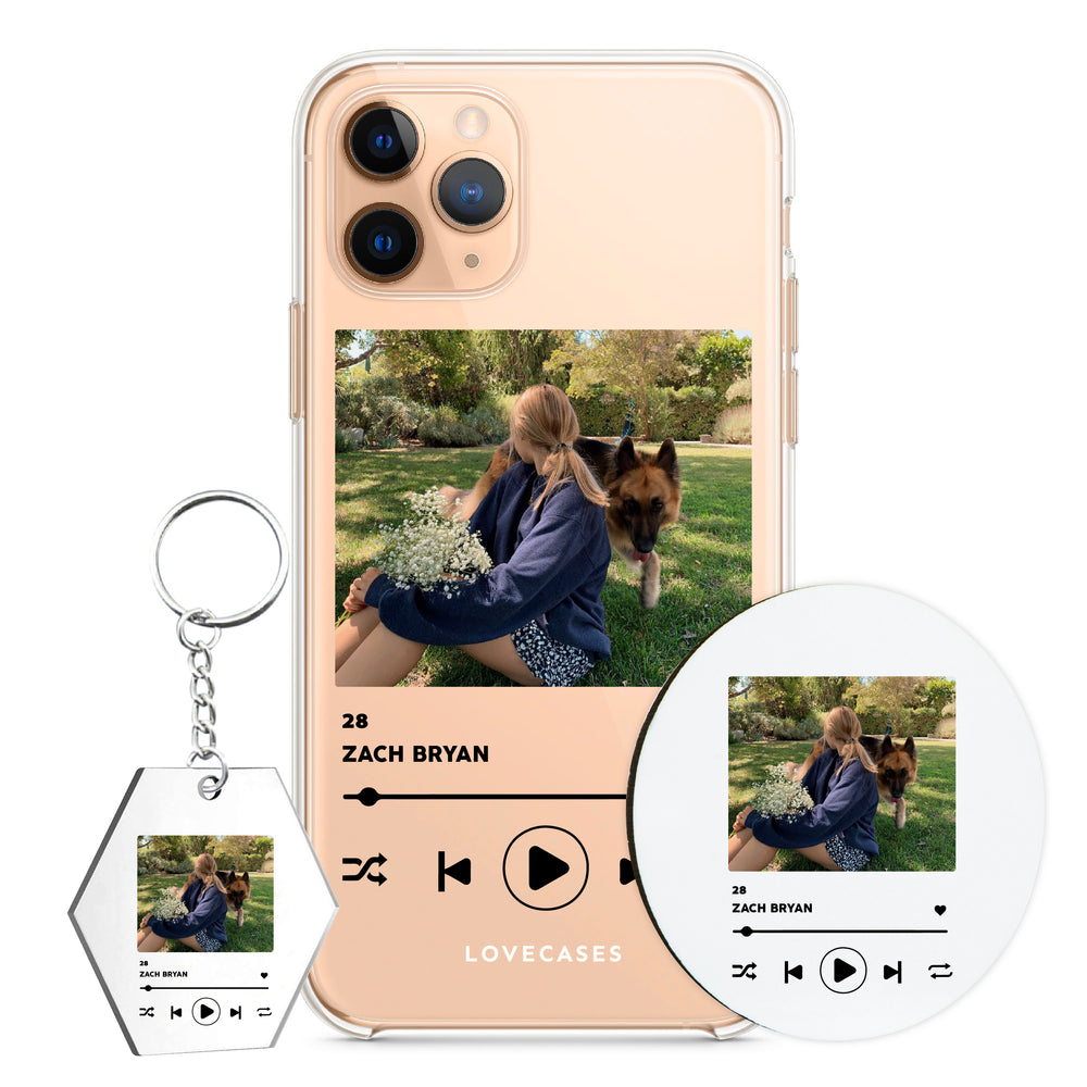 Personalised Black Song Photo Phone Case, Coaster + Keyring Bundle