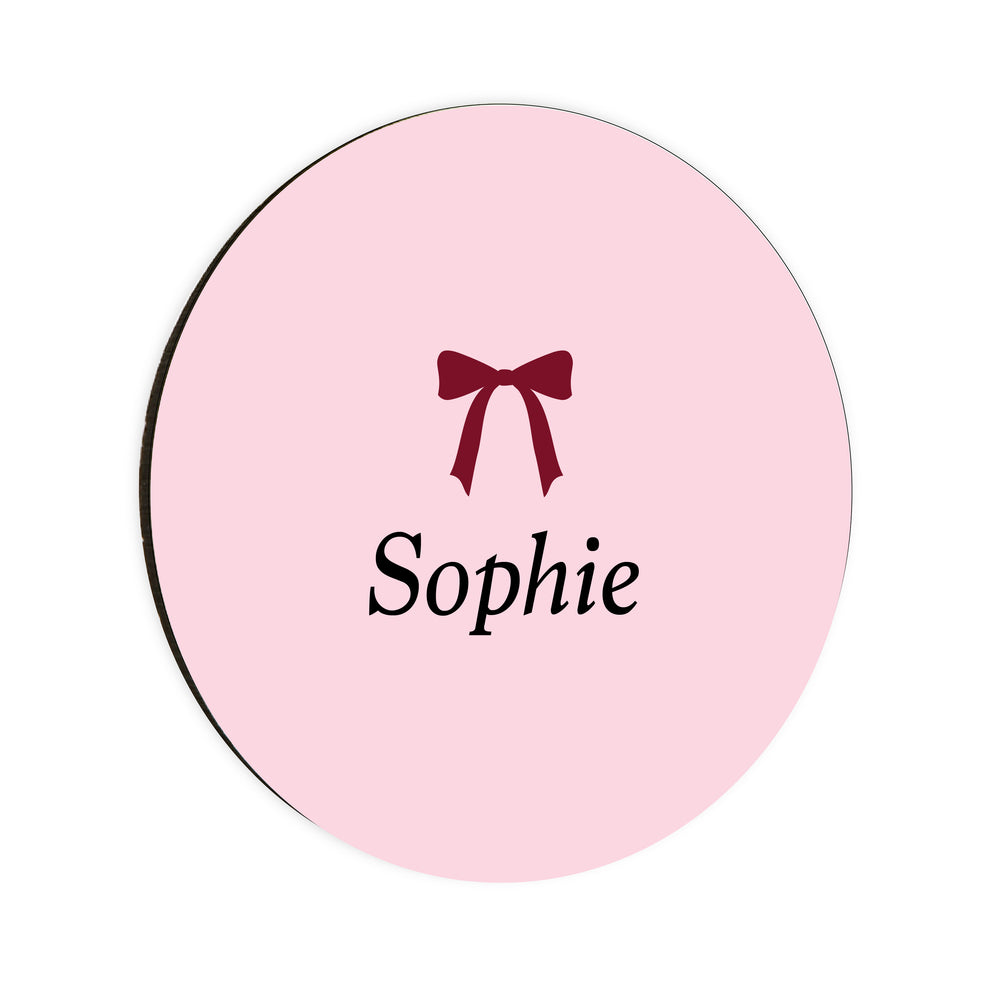 Personalised Burgundy Bow Name Circle Coaster