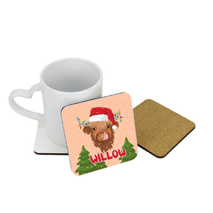 Personalised Santa Highland Cow Square Coaster