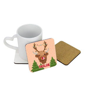 Personalised Reindeer Highland Cow Square Coaster