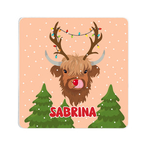 Personalised Reindeer Highland Cow Square Coaster