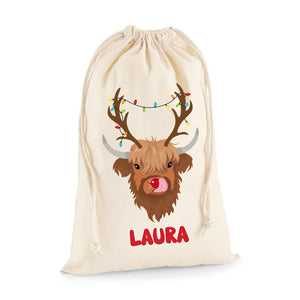 Personalised Reindeer Highland Cow Santa Sack