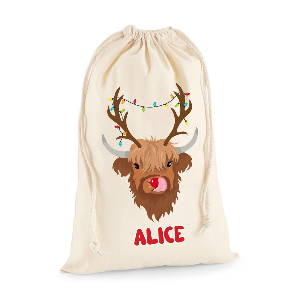 Personalised Reindeer Highland Cow Santa Sack