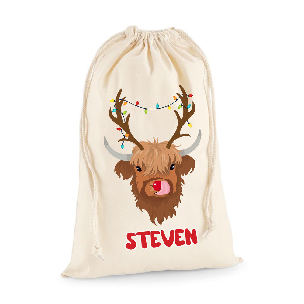 Personalised Reindeer Highland Cow Santa Sack